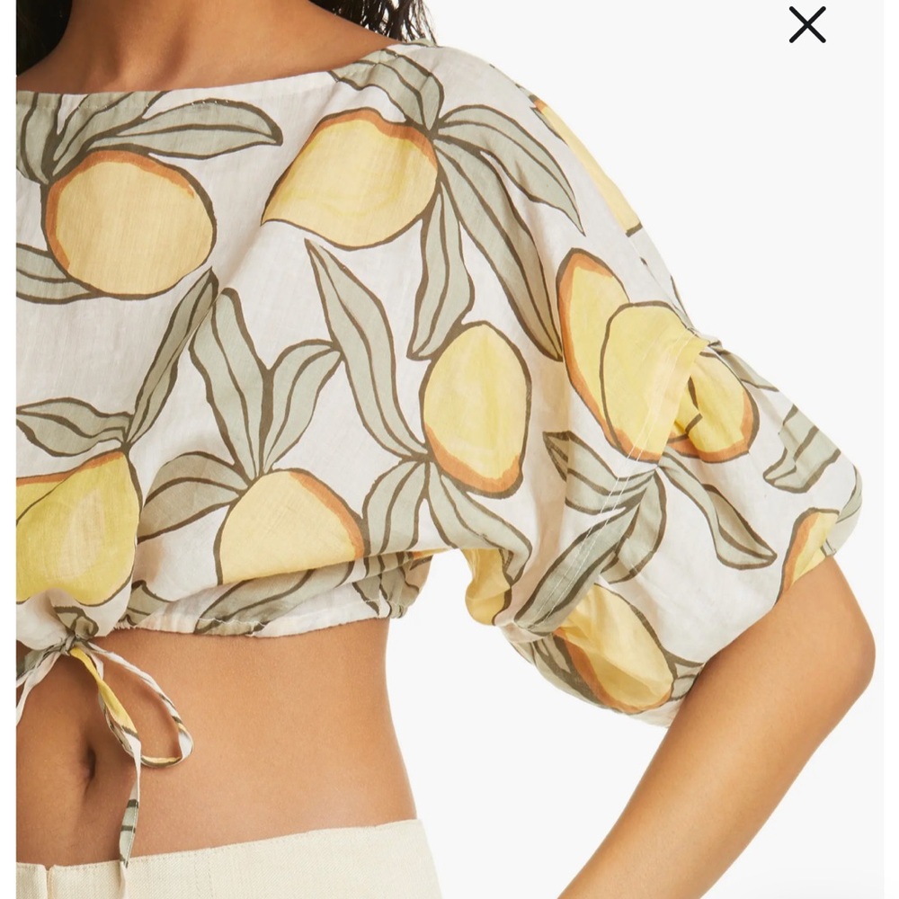 NWT Rebecca Taylor | Lemon-Print Drawstring Crop Blouse‎ 🍋 reg $245 size M - Picture 2 of 11